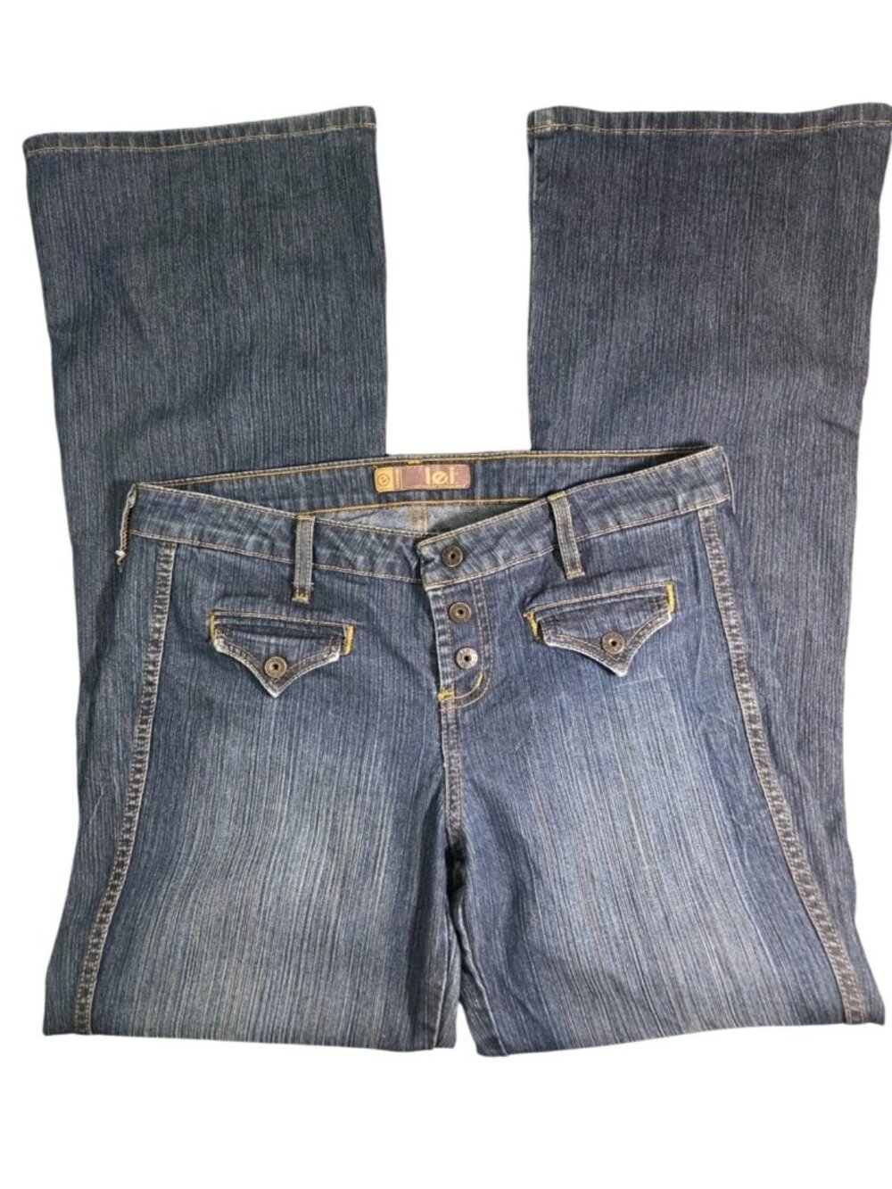 Vintage Y2K L.E.I. Low Rise Flared Whiskered Euro Blue Jeans Sz 32x30 Boho 90s